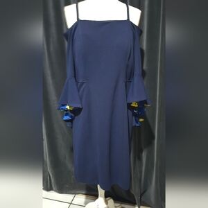 SL Fashions Navy Blue Long Sleeve Dress with Floral Details